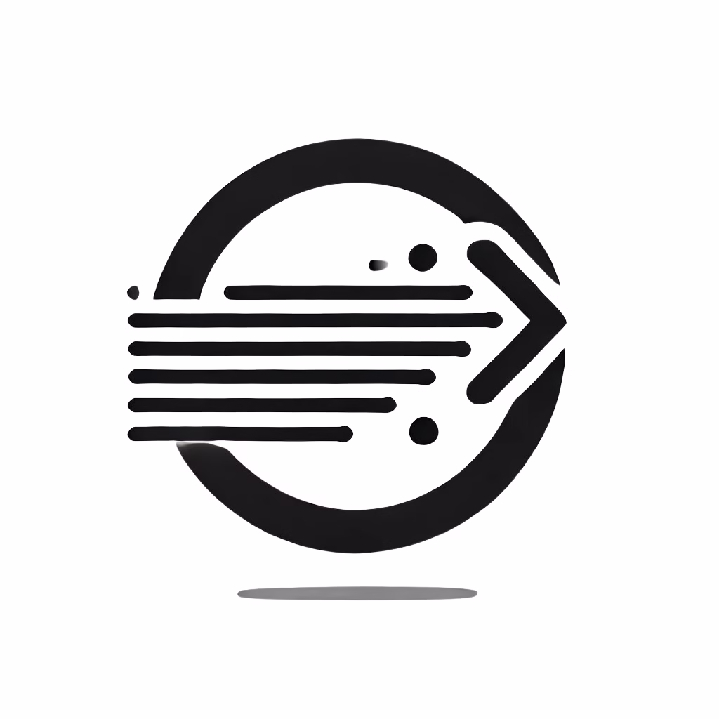 A modern black and white logo featuring a circular shape with horizontal lines extending outward, transitioning into an arrow on the right side. The design conveys movement, direction, and speed